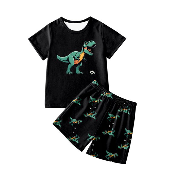 Bjutir Boys Outfit Set Dinosaur Print Short Sleeve Crew Neck Shirt With Shorts Set Summer Lightweight Toddler Kids Boys Outfit Size 3-4 Years Black