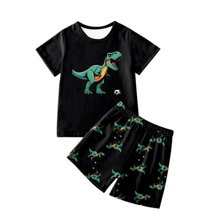 Glisme 2 Piece Outfits For Boys Dinosaur Football Print Short Sleeve T Shirt And Shorts Outfits Set Casual Wear And Sports Skin-Friendly Clothing Set Size 6-7 Years
