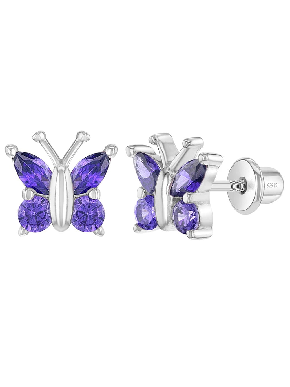 925 Sterling Silver Small Cubic Zirconia Butterfly Girls Screw Back Earrings