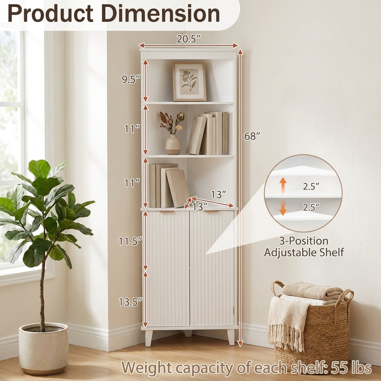 Vebreda Freestanding Bathroom Storage Cabinet, 68 Inch Tall Bathroom Floor Storage Cabinet with Fluted Doors, Space-Saving Design