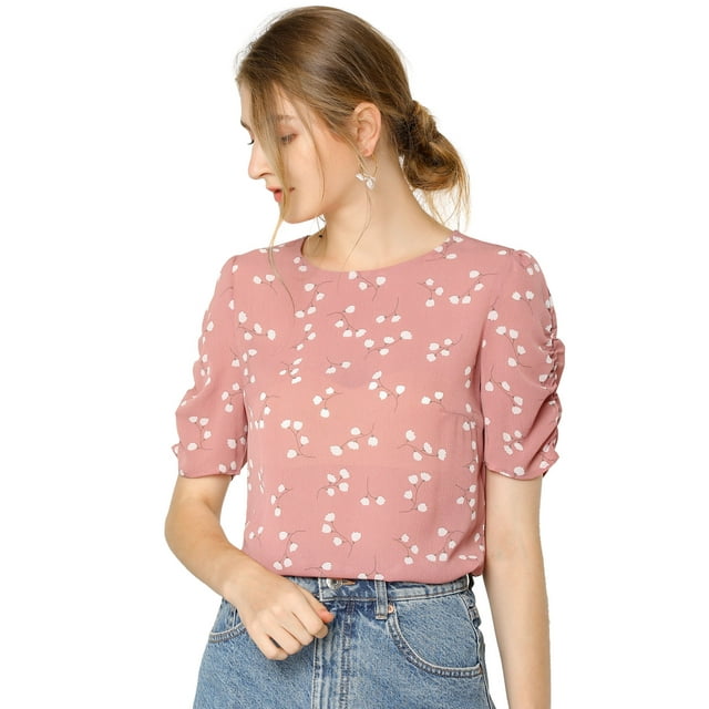 INSPIRE CHIC Haut Floral Élégant pour Femme à Manches Courtes Froncées, Coupe Régulière