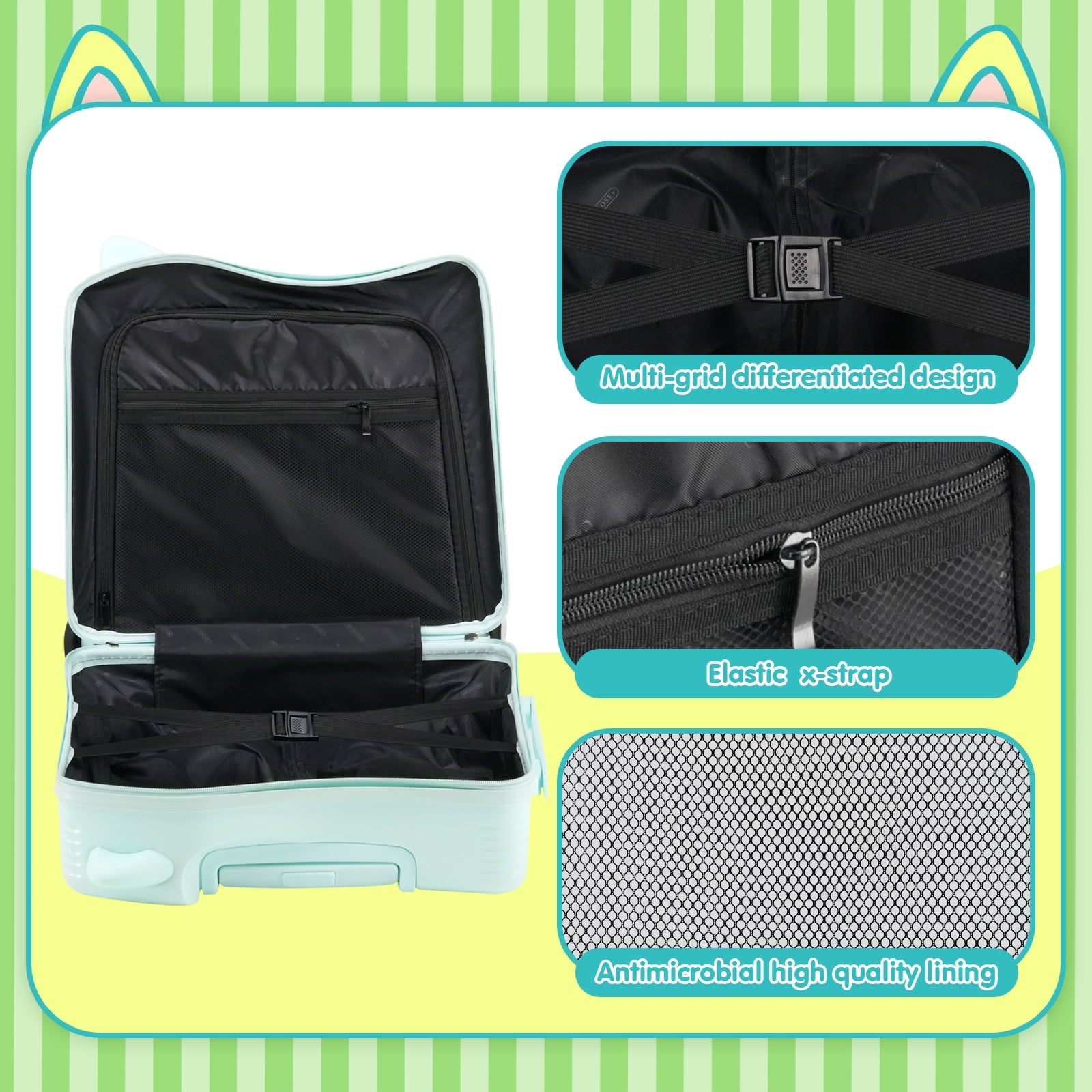 Advwin 20" Ride on Hardshell Suitcase with Spinner Wheels for Kids, Lightweight Trolley Luggage with Carry Strap, Carry on Travel Luggage with Lock, Mint Green