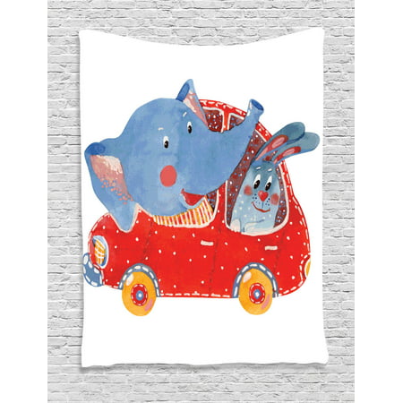 Cartoon Decor Wall Hanging Tapestry, Watercolor Sketch Of Young Blushed Elephant And Hare In Small Car Best Friend Travel, Bedroom Living Room Dorm Accessories, By