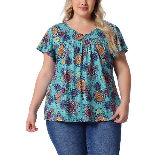 Blusas de verano casuales de talla grande para mujer Agnes Orinda con volantes y plisados en cuello en V, manga corta 1X Círculo azul naranja