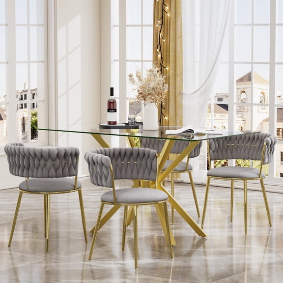 KATBOC 47.24in Rectangular Dining Table Set with 4/6 Velvet Chairs, Clear Tempered Glass Top & Metal Legs, Waterproof Fabric, Ergonomic Design for Kitchen Dining Room