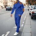thumbnail image 2 of Men's Stand Collar Leather Breasted Pocket Long Sleeve Top Casual Sports Drawstring Pants Set, 2 of 5