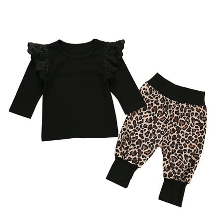 

Baby Girls Clothes Set Solid Color Lace Ruffle T-shirt Leopard Harem Pants Kids Casual Outfits