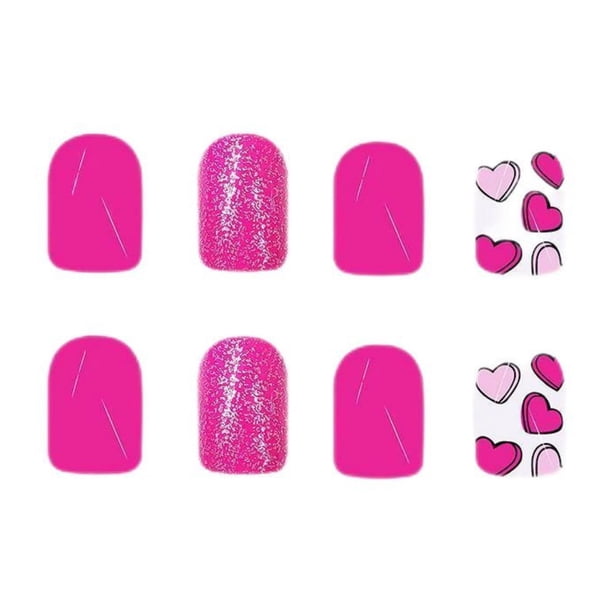 Uñas Cortas Brillantes Cuadradas San Valentin Fucsia Corazon Purpurina 24 Piezas Ponibles