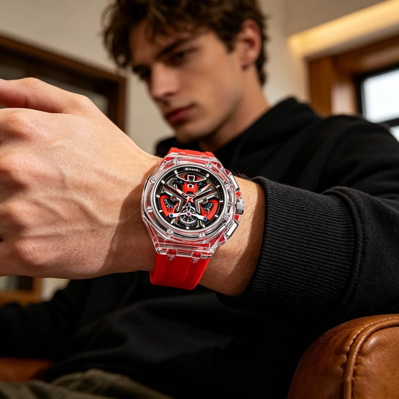 Men's Quartz Watch, Hexagonal Skeleton Wristwatch Transparent Dial Waterproof Analog Business Casual Dress Watch Precision Timekeeping, Fashion Watch for Work Office Party Travel Daily Wear