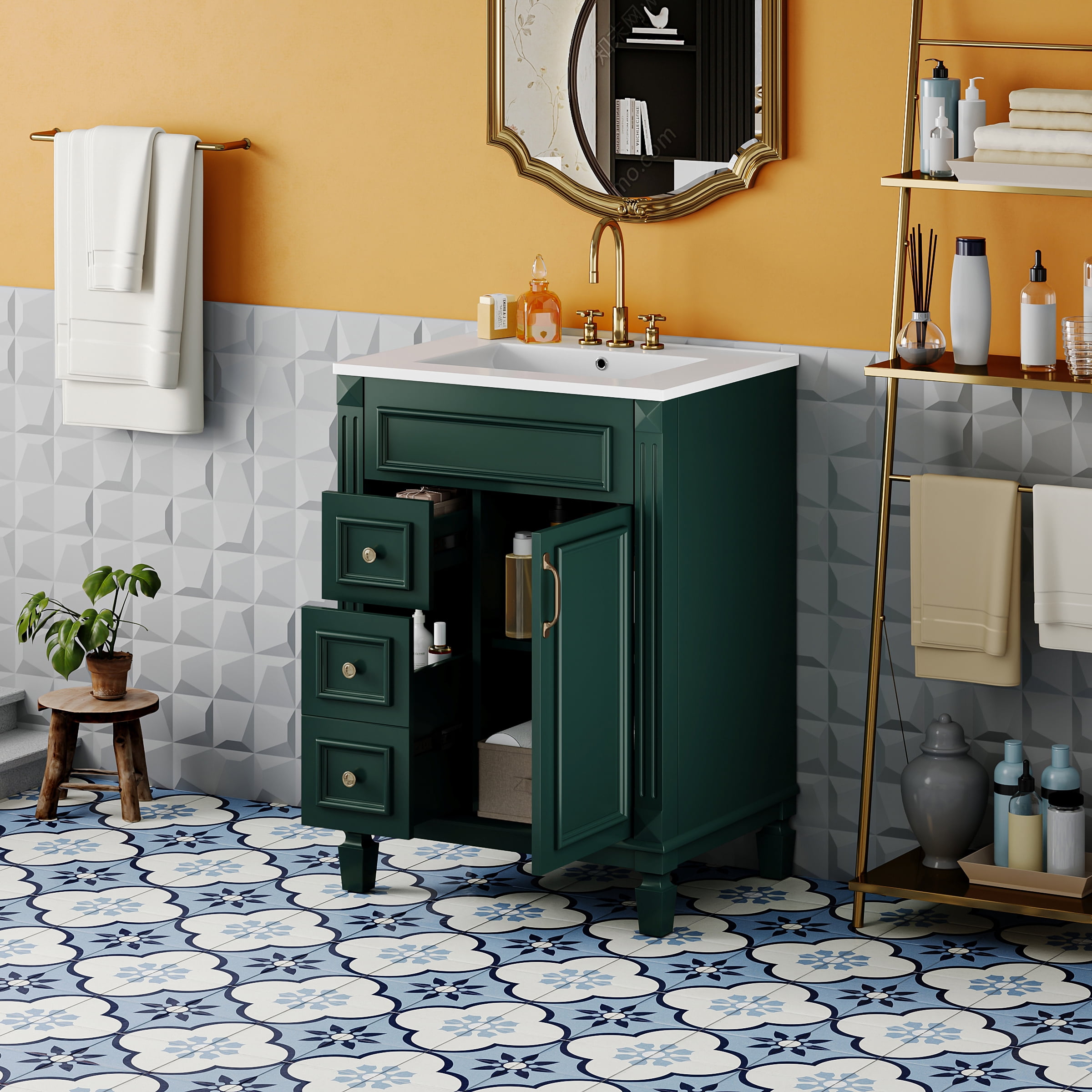 Euroco 24" Bathroom Vanity with Ceramic Sink, Small Bathroom Sink Cabinet, Modern Cabinet with 2 Drawers and Adjustable Shelf