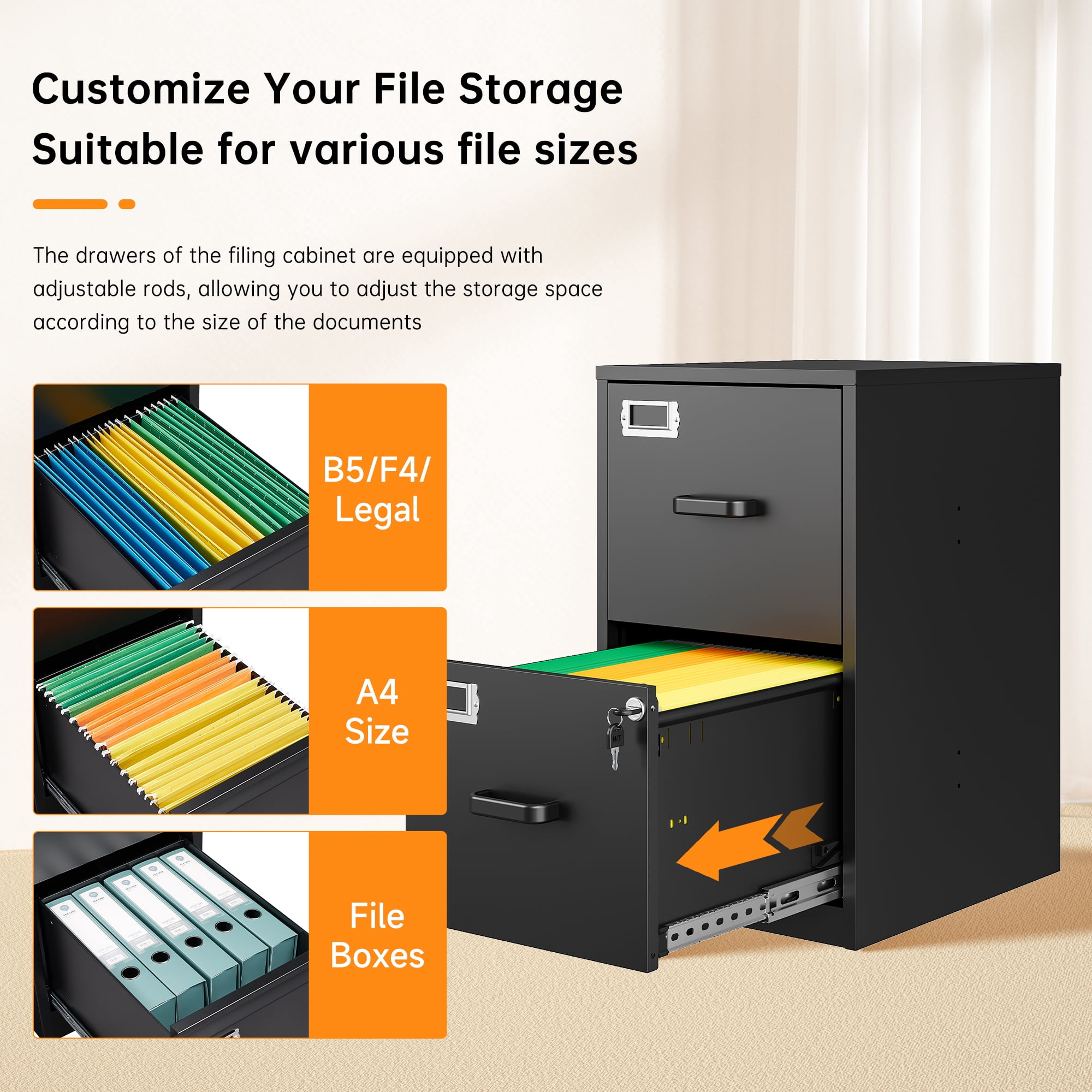 STANI 2 Drawer Filing Cabinet with Lock, Metal Vertical File Storage Cabinets for Home Office, Letter/A4 File Folders Storage, Assembly required (Black)