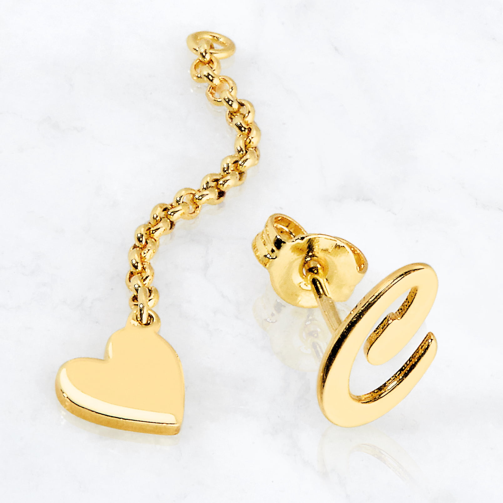 Personalized Planet Women's Script Initial Earring with Heart Dangle Button Drop Earrings