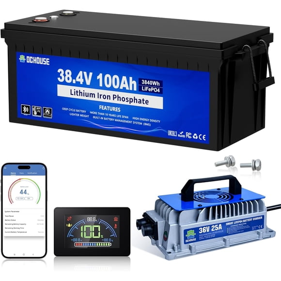 DC HOUSE 36V 100Ah Lithium Golf Cart Battery, Lifepo4 Battery with 36V 25A Charger, Built-in Smart 150A BMS, Peak Current 500A,Bluetooth Mobile APP &LCD Monitor