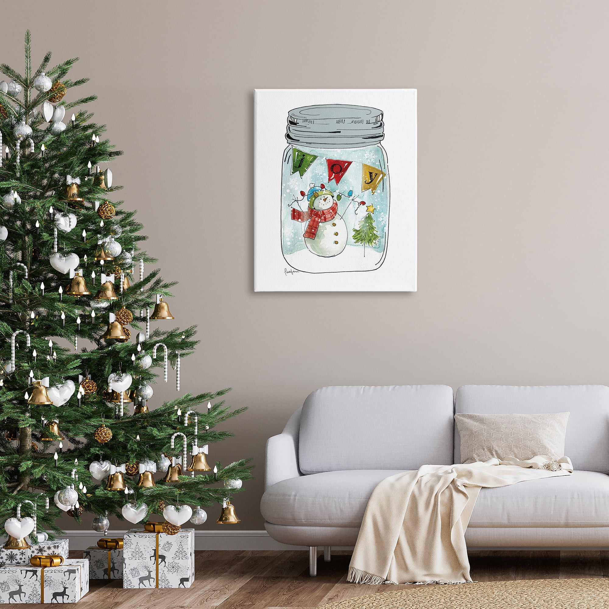 Stupell Industries Joy Text Snowman Christmas Tree Lights Country Jar, 30 x 40, Design by Livi Finn