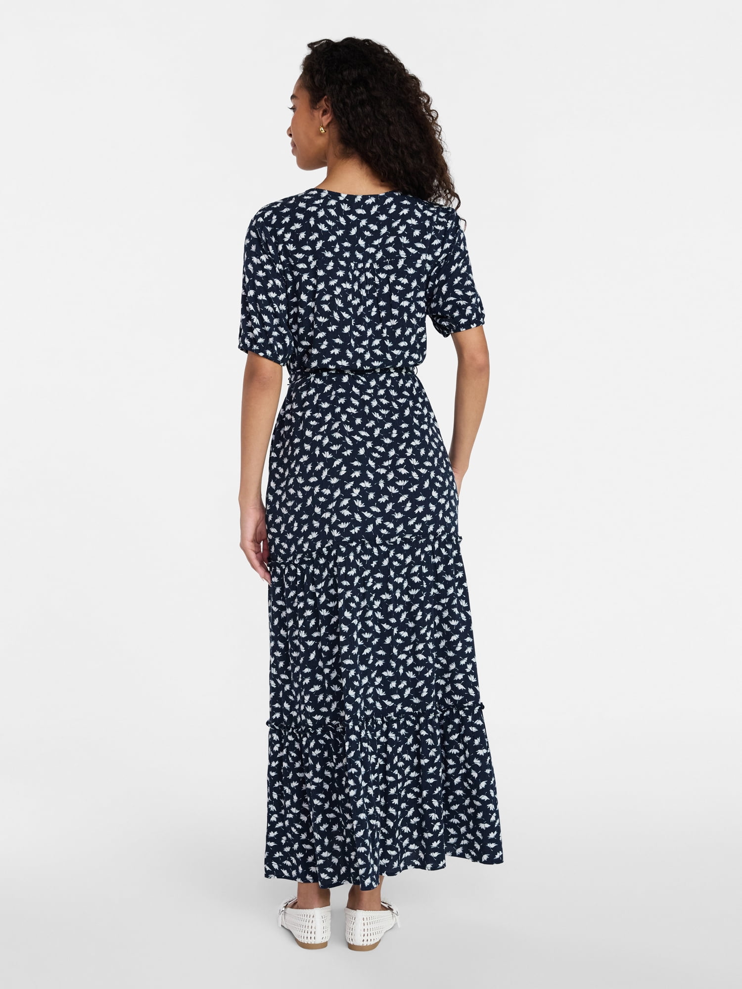 Time and Tru Women’s Crinkle Maxi Dress with Short Sleeves, Sizes XS-XXXL