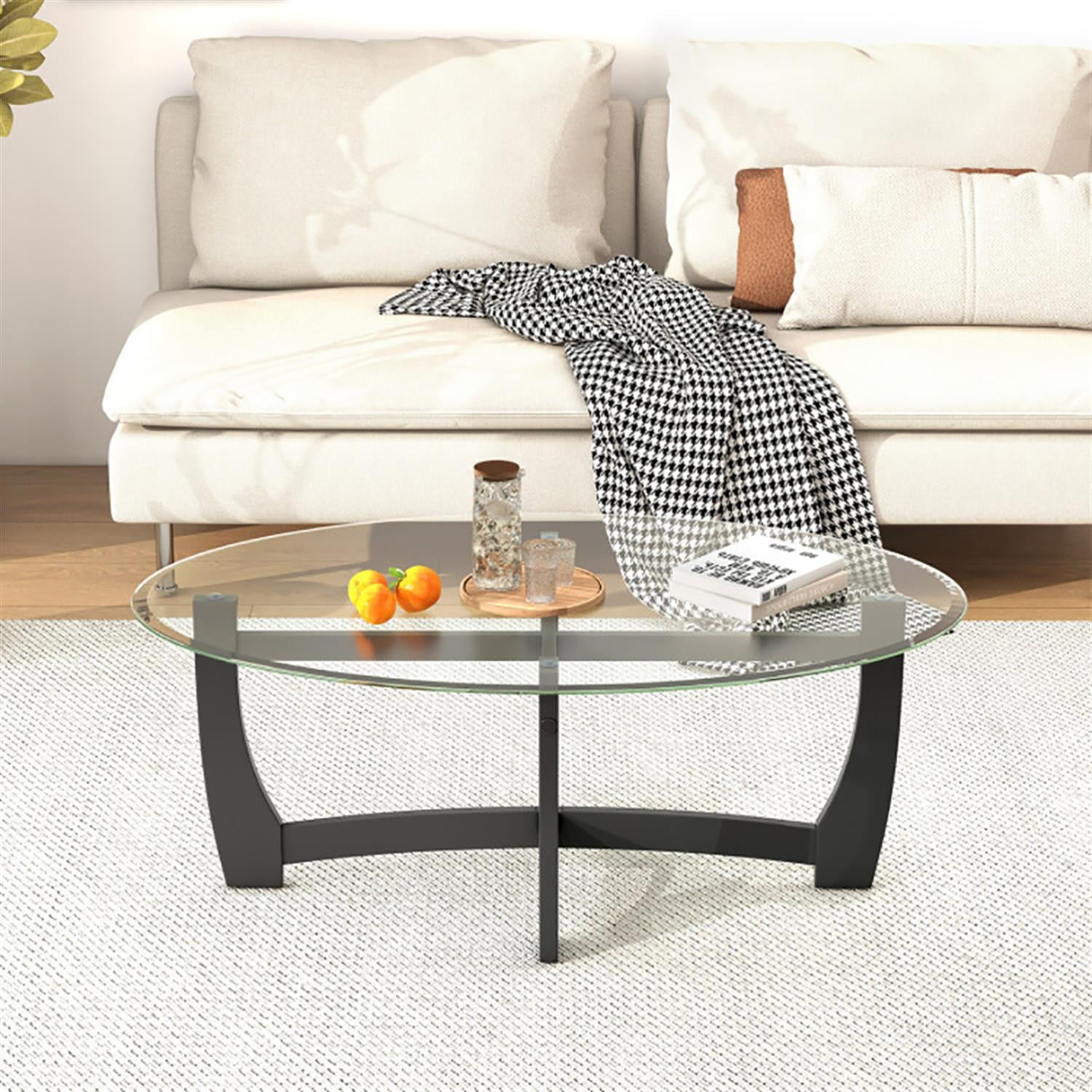 Demi Bonn Oval Coffee Table, Dining Center Tables with Tempered Glass Tabletop and Rubber Wood Legs for Living Room, Bedroom, Office and Balcony, Black