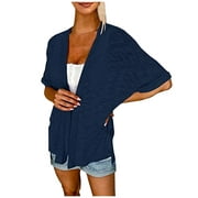 Mlqidk Cardigan for Women Dressy Lightweight Thin Cardigan Short Sleeve Open Front Cover Ups Blue S