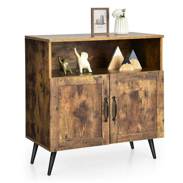Costway Armoire de Rangement Milieu du Siècle avec Portes, Supports pour Verres à Vin, Brun Rustique