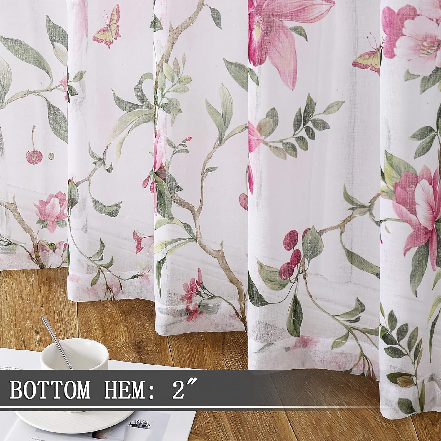 Floral Sheer Curtains Pink Cherry Flower Butterfly Print Living Room Curtain Rod Pocket Voile Linen Look White Sheer Curtains for Bedroom, 54 x 63 inches Long, Set of 2 Panels
