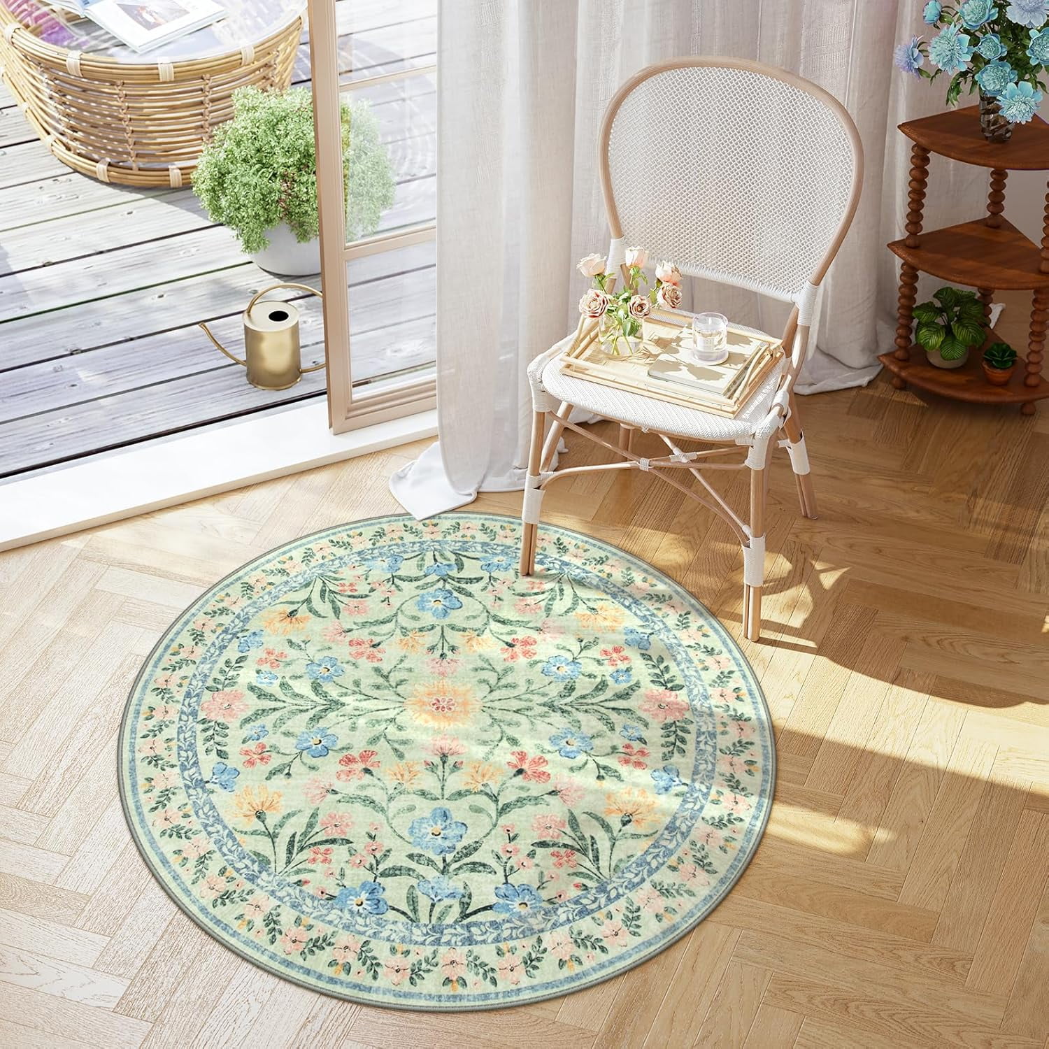 Moynesa 5'Round Boho Light Green Rug, Washable Small Circle Rugs for Bedroom,Nursery Circular Rug Girl, Soft Non-Slip Round Carpet for Kids Sunroom,Green