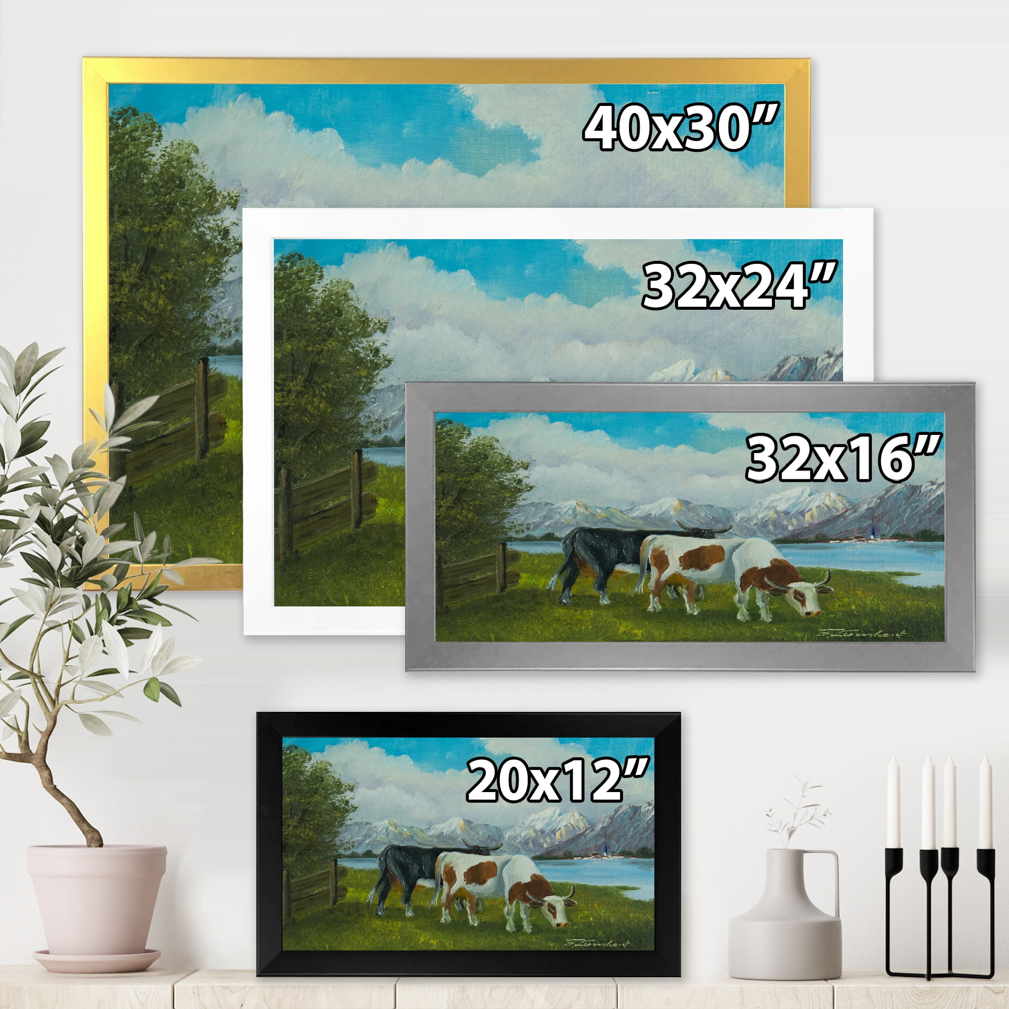 Designart 'Cows Eating Grass In Front Of A Lake' Farmhouse Framed Art Print