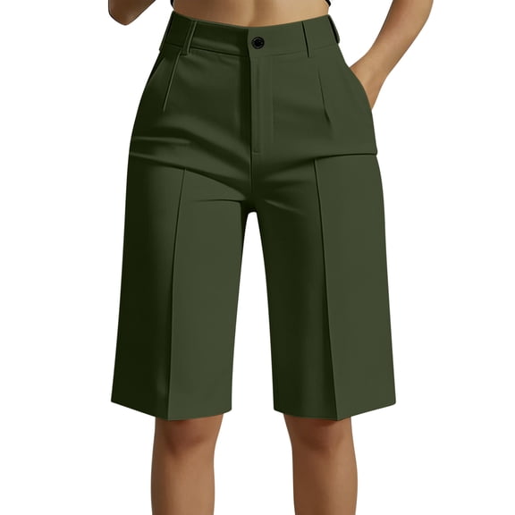 ZQUUVOU Bermuda Shorts for Women Summer Dressy Casual Solid High Waist Wide Leg Shorts with Pockets Office Work Wear Green