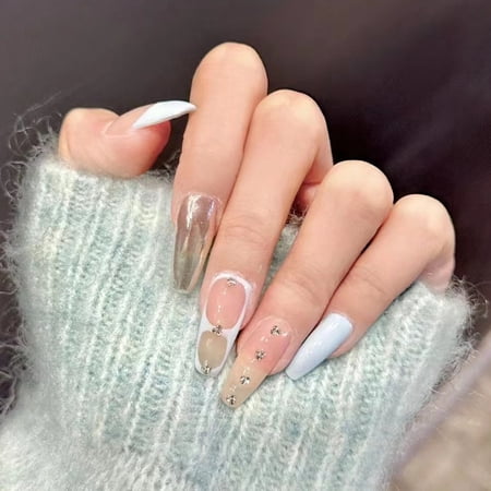 [Real shot] Pure hand-worn nail summer simple blue French manicure patch removable fake nail wholesale