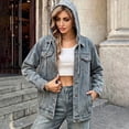 thumbnail image 2 of Nowekniz Women's Hooded Denim Shacket Jacket, Drawstring Button Front Long Sleeve Washed Jean Jacket with Pockets, Casual Western Outerwear, 2 of 5