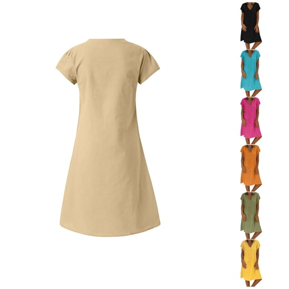 Ahuyic Womens Casual Dress,Womens Plus Size Dress,Womens Round Neck Summer Solid Short Sleeve Cotton And Linen Dress,Orange,L