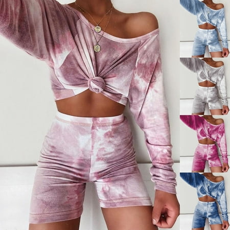 

Sexy Women Pajamas Set Long Sleeve Round Neck Gradient Color Printing Dyeing Leisure Sportwear