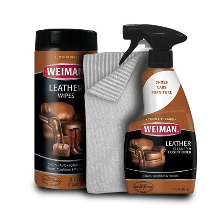 Weiman Leather Cleaner Kit - Non Toxic Restores Leather Surfaces - UV Protectants Help Prevent Cracking or Fading of Leather Furniture, Car Seats, Shoes Wipes, Trigger & Microfiber