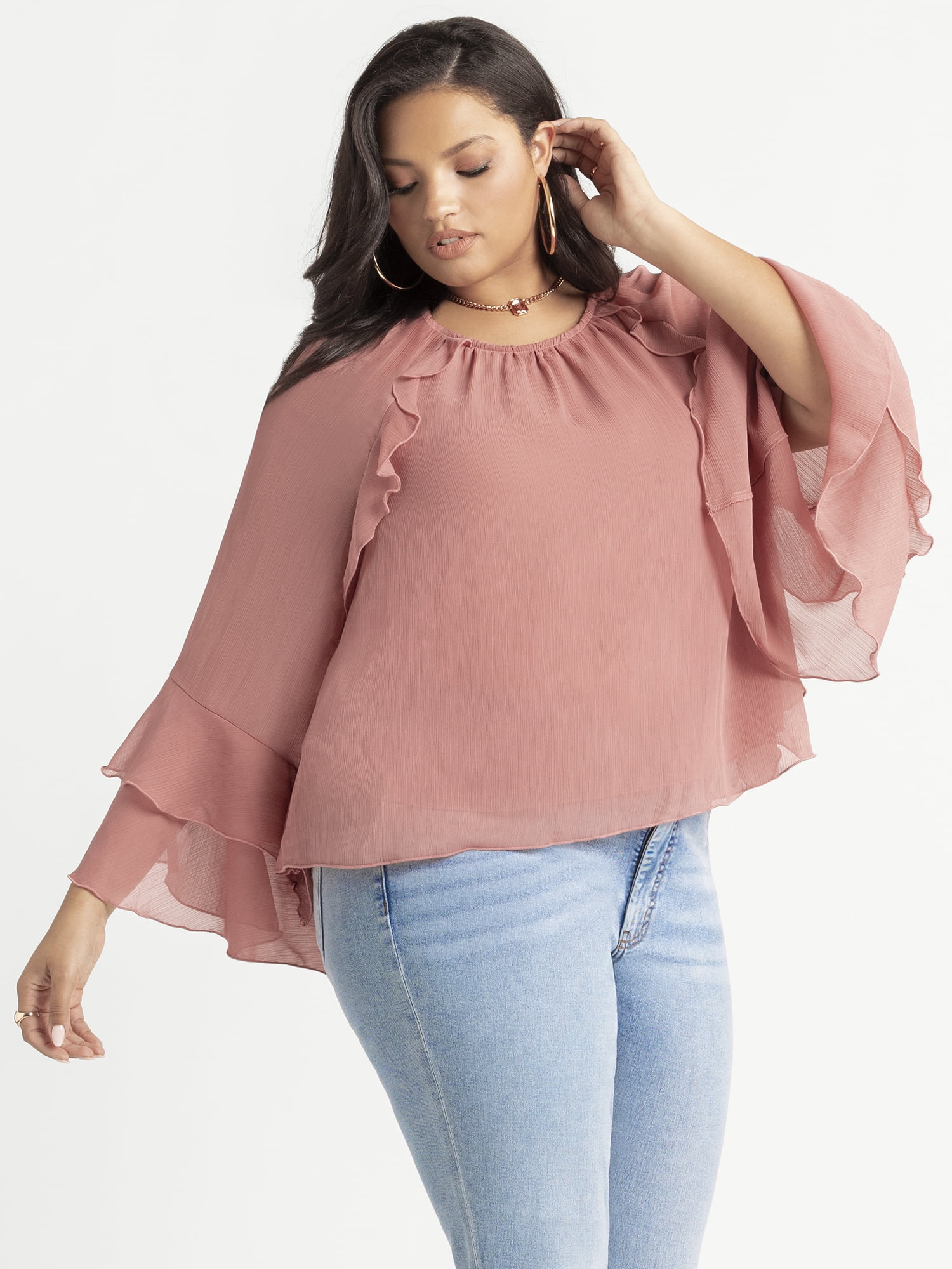 Jessica Simpson Women's Plus Elaine Ruffle Blouse with Long Sleeves, Sizes 0X-4X