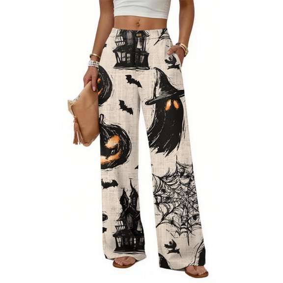 Halloween Wide Leg Pants for Women, Button Closure Trousers with Gradient Pumpkin & Bat Print, High Waist Loose Fit Streetwear Bottoms with Pockets, 1 Pc Black L
