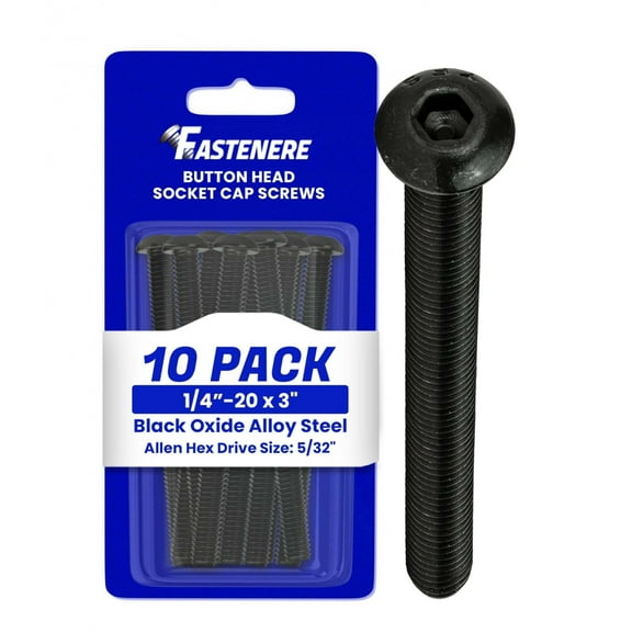 Fastenere Button Head Socket Cap Screws - 1/4-20 x 3" (10-Pcs) Alloy Steel, Fully Threaded, Fine Black Oxide Finish, Corrosion-Resistant, Machine Thread, Easy to Install w/ Allen Hex Drive