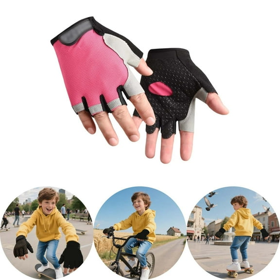 Tfken Kids Girls Boys Dual Sport Gloves Color Block Non- Cycling Spandex Pink Fingerless