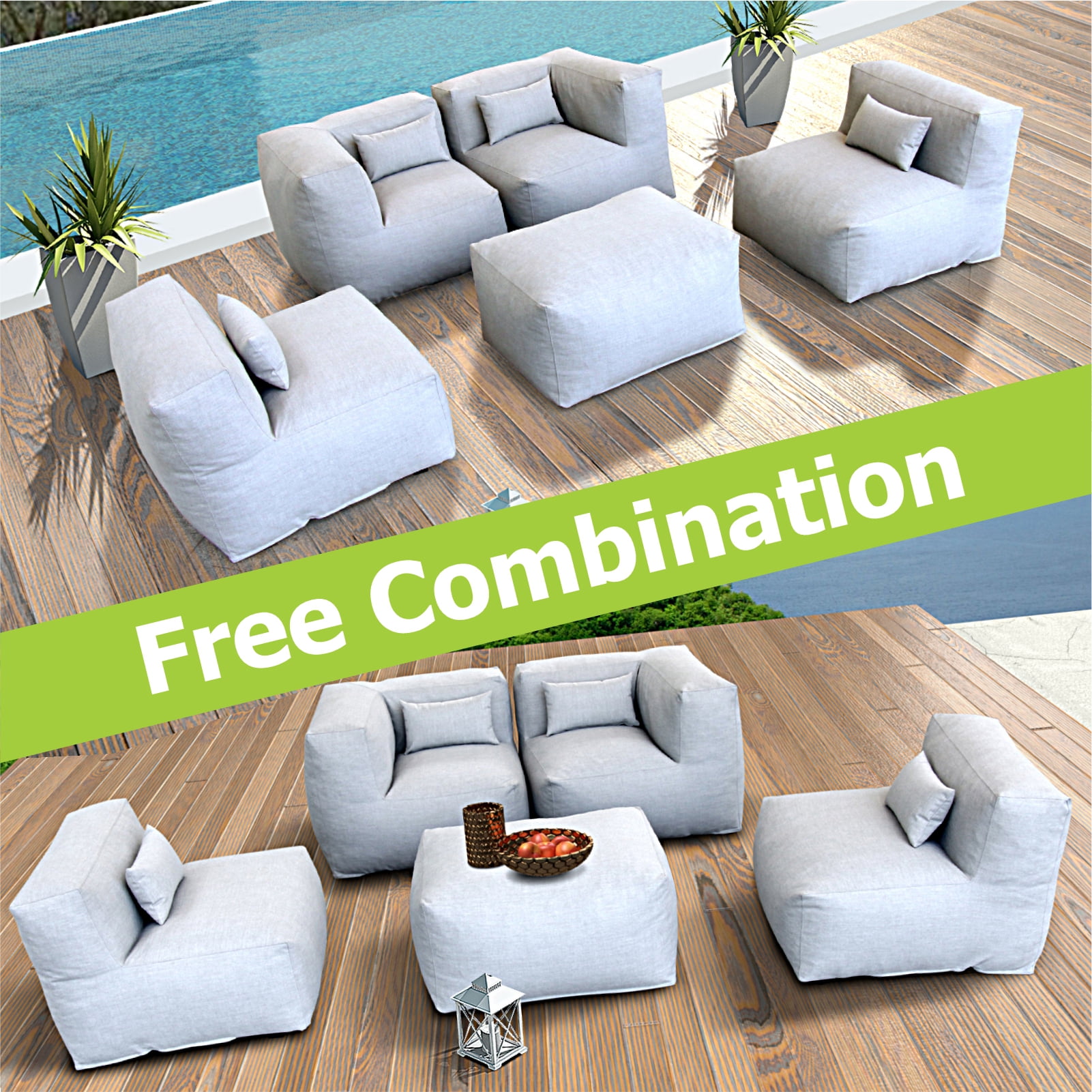 5 Pieces Olefin Patio Conversation Set with Thickened Cushions 4-Seat Outdoor Furniture Set with Bean Bag Chairs (Light Gray)