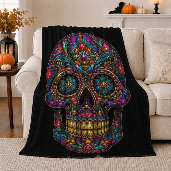 Ornate Sugar Skull with Floral Patterns, Festive Folk Art Style for Skull Art Lovers, Rainbow Face Motif and Halloween Gift, Soft Flannel Blanket for Bedroom and Living Room, Gothic Home Decor