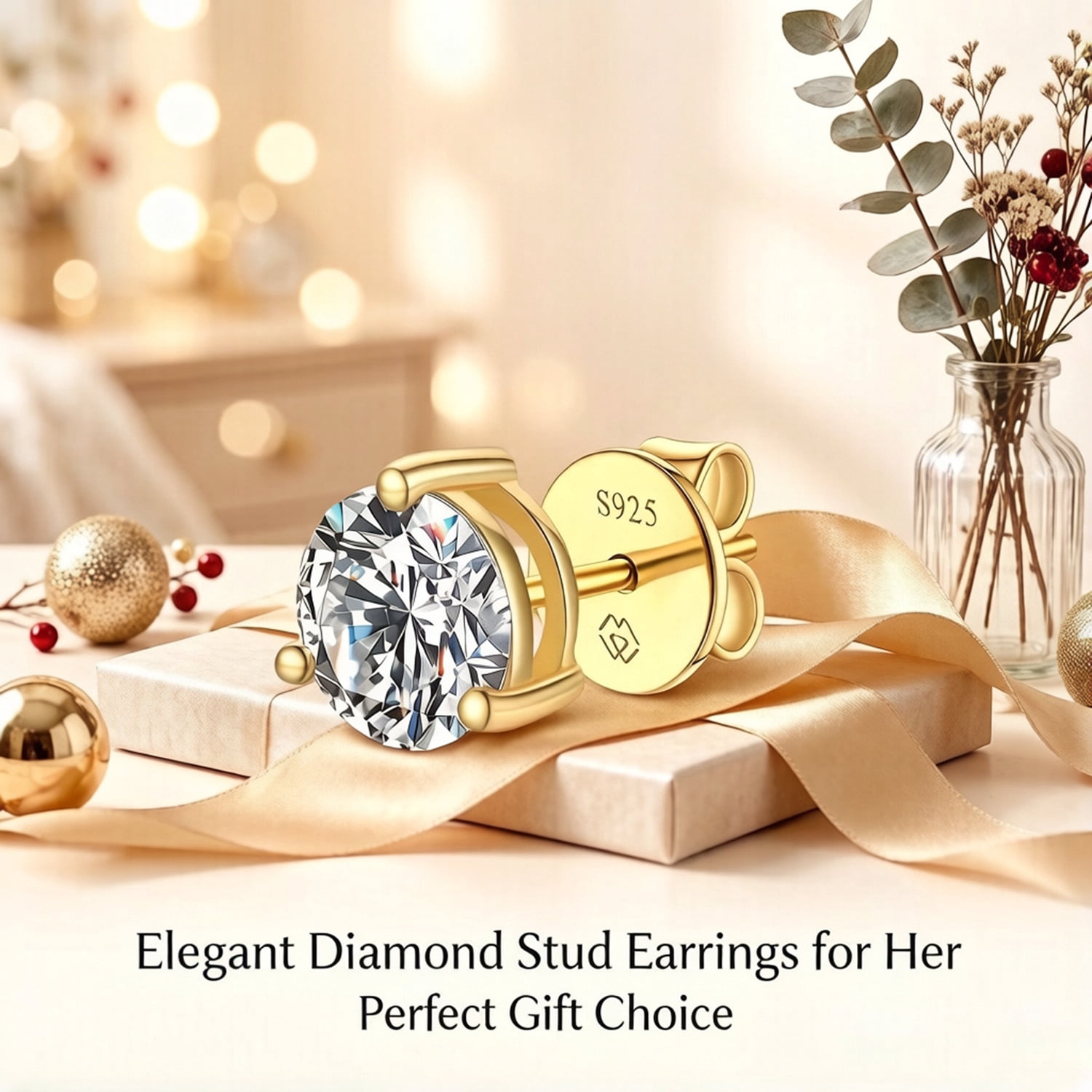 MomentWish 1 Carat Moissanite Earrings for Women 14K Gold Plated Solitaire Studs Graduation Anniversary Birthday Gift for Her