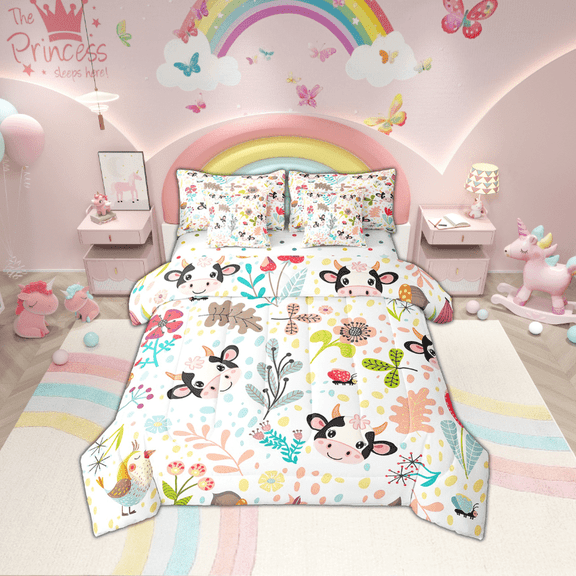 Cow Print Bed In A Bag 7 Piece Full Cartoon Milk Cow Comforter Set With Sheets Cute Flower Farm Animal Bedding Set,Kawaii Botanical Leaves Plants Floral Bed Set