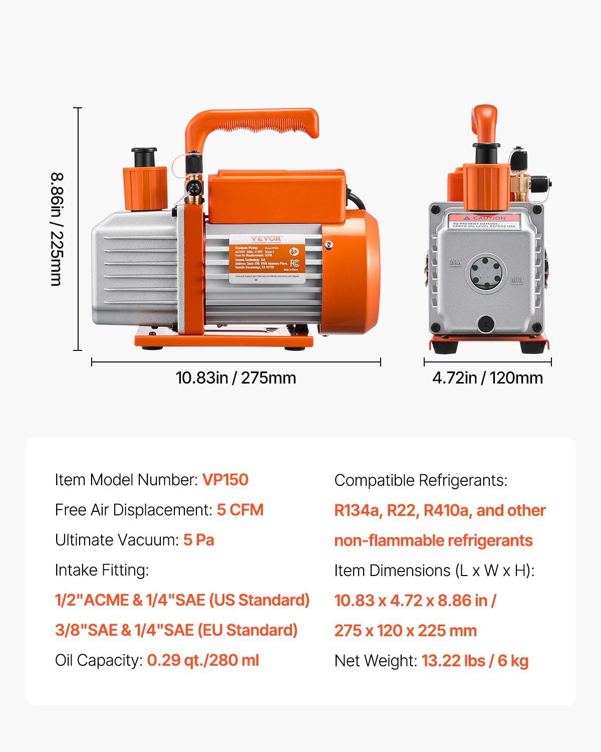 Vacuum Pump 5 CFM HVAC Single Stage Rotary Vane Vacuum Pump with Pure Copper Motor, Oil Included, 1/4" SAE & 1/2" ACME Ports, Cooling Fan, Filtration System, Compatible with R22, R134a, R410a