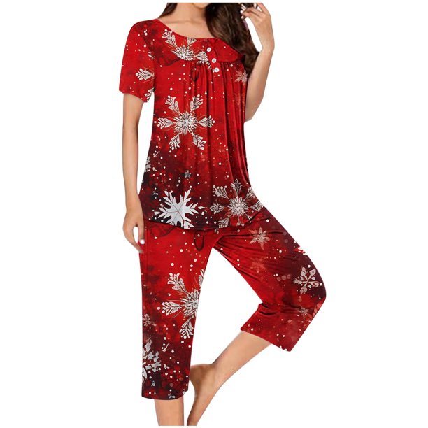 Puntoco Pijamas para mujer Conjunto de pijama con estampado navideño, cuello redondo, botones, manga corta y cintura elástica con bolsillos y pantalón