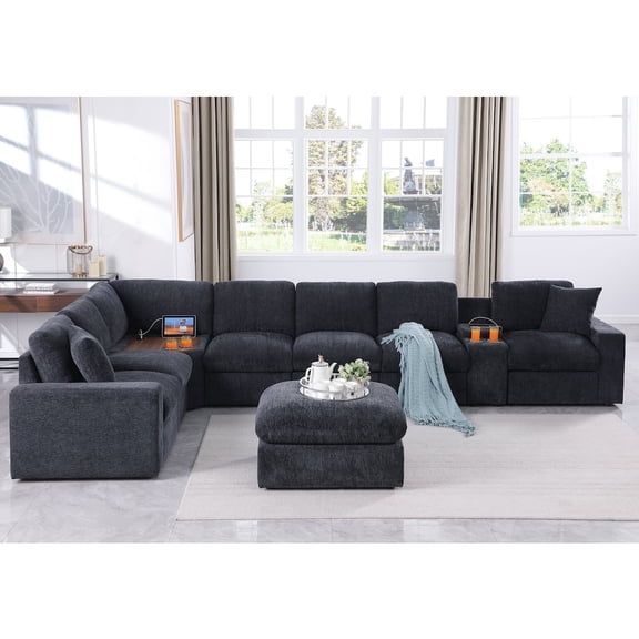Devion Furniture Sectional Sofa With Table Cupholder Console, Ottoman - Dark Gray Chenille
