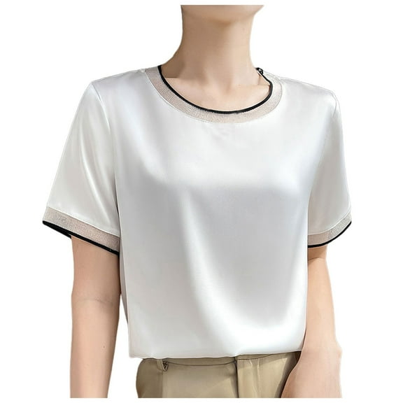 2024 Summer Women's Silk Satin V Neck T Shirt Breathable Mesh Short Sleeve Top Elegant Casual Blouse Soft Comfortable Fashion Tee