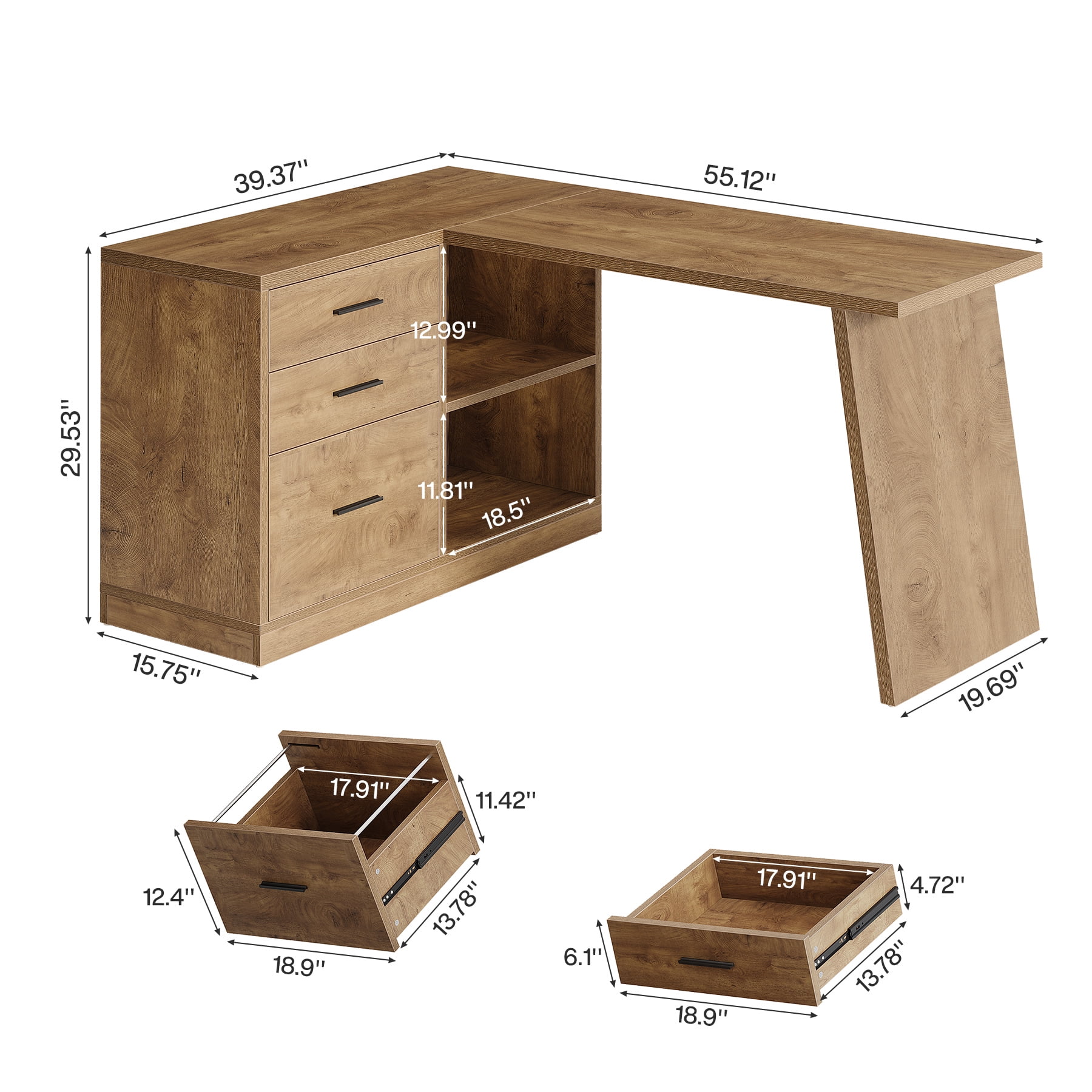 Tribesigns L Shaped Computer Desk with File Cabinet, Home Office Desk with Storage Shelves and 3 Drawers, Farmhouse Executive Workstation, Brown