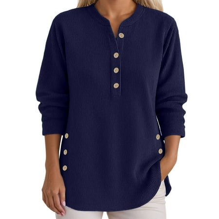 Bibifish Womens Shirts Long Sleeve Corduroy Shirts Oversized Casual Button Up Tunic Shirts Solid Color Loose Fit Side Split Pullover Tops