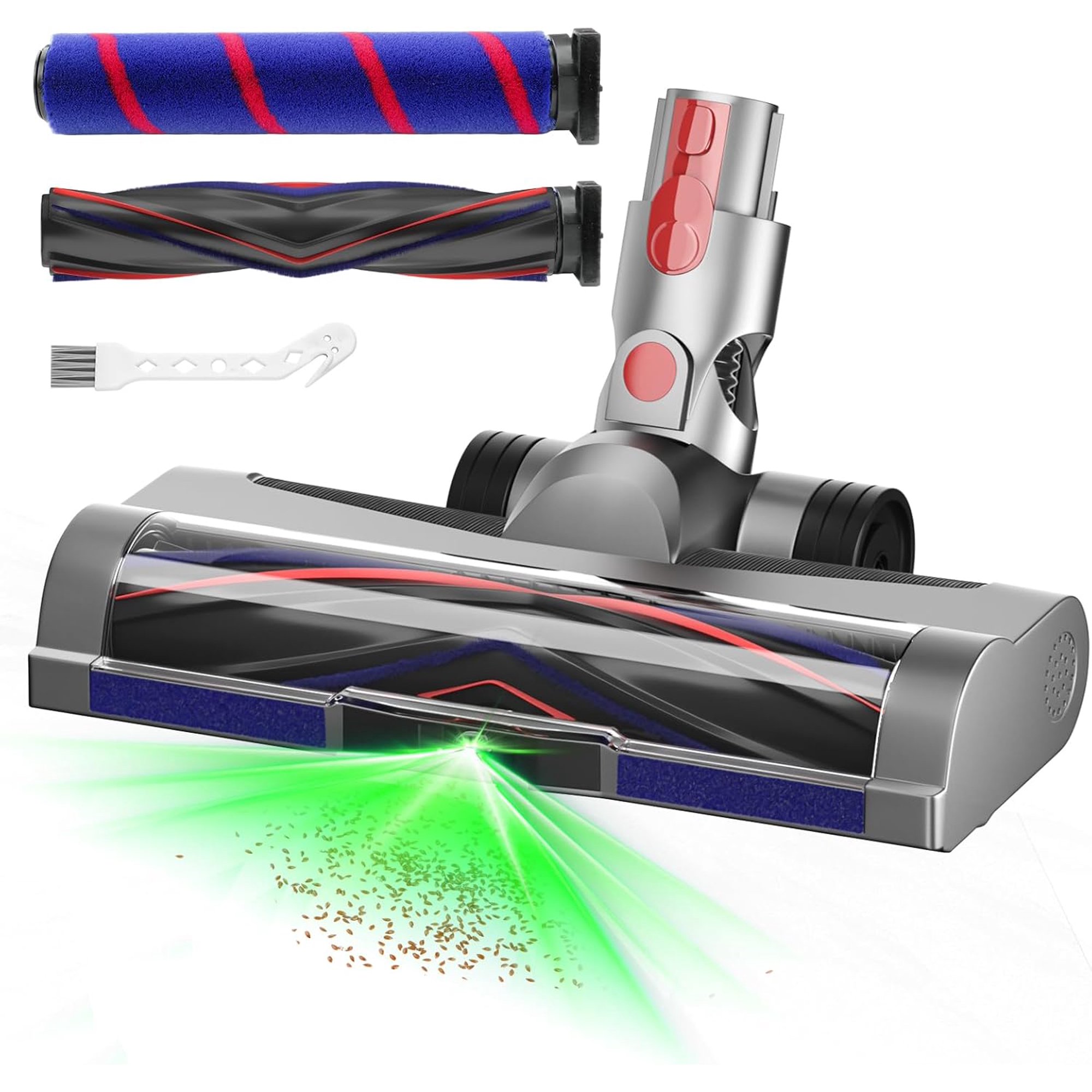 LED Green Light Vacuum Head Replacement for Dy-son V7 V8 V10 V11 V15 Cordless Vacuum Cleaner, Quick Release Head Attachments with 2 Pack Anti-Tangle & Soft Motorhead Roller Brushes