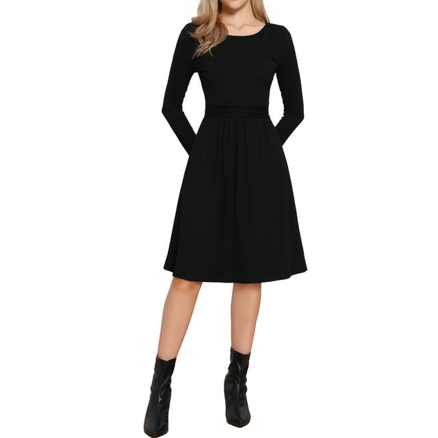 Vestido de punto acanalado INSPIRE CHIC para mujer, de manga larga, cuello redondo, cintura alta, estilo A-line, vestido casual XL negro