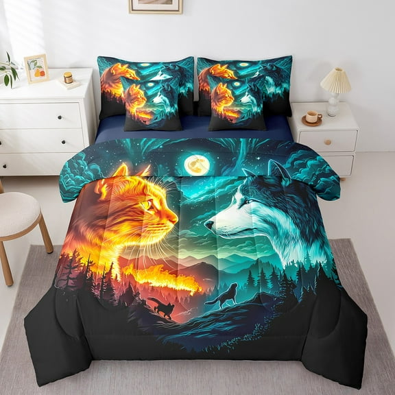 Erosebridal Wolf Cat Bedding Queen Size,Wildlife Silhouette Comforter Sets with Sheets,Mountain Pine Woodland Bedding Sets Queen Size,Microfiber Bedroom Decor Reversible,7-Piece