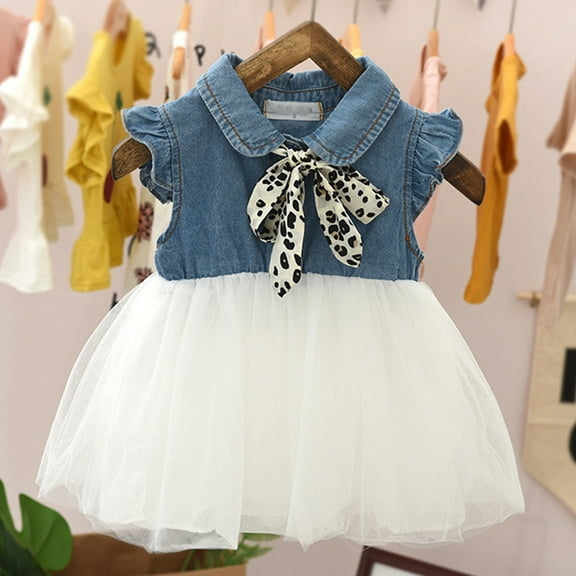 LoyisVidion Denim and Tulle Layered Dress with Leopard Print - Toddler Kids Baby Girls Leopard Bow Dress Tulle Princess Outfits Clothes