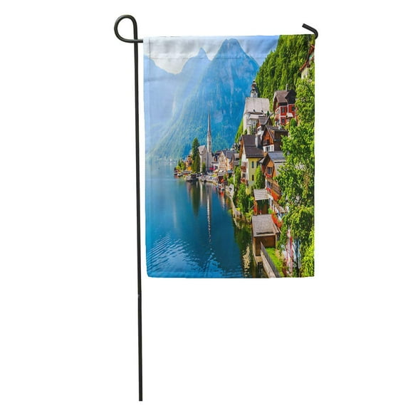 NUDECOR Green Clouds Mountain Lake Village Landscape Hallstatt Austria Edge Flower Garden Flag Decorative Flag House Banner 12x18 inch